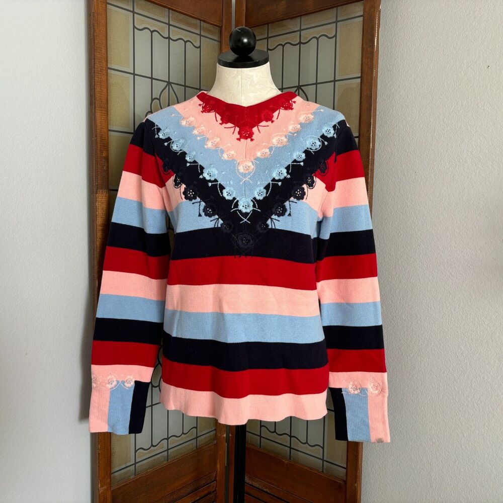 English Facotry Multi Colored Stripe Embroidered Sweater Size L
